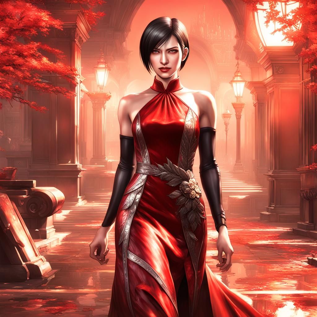 Ada Wong Portrait in Red Dress, Detailed Digital Art