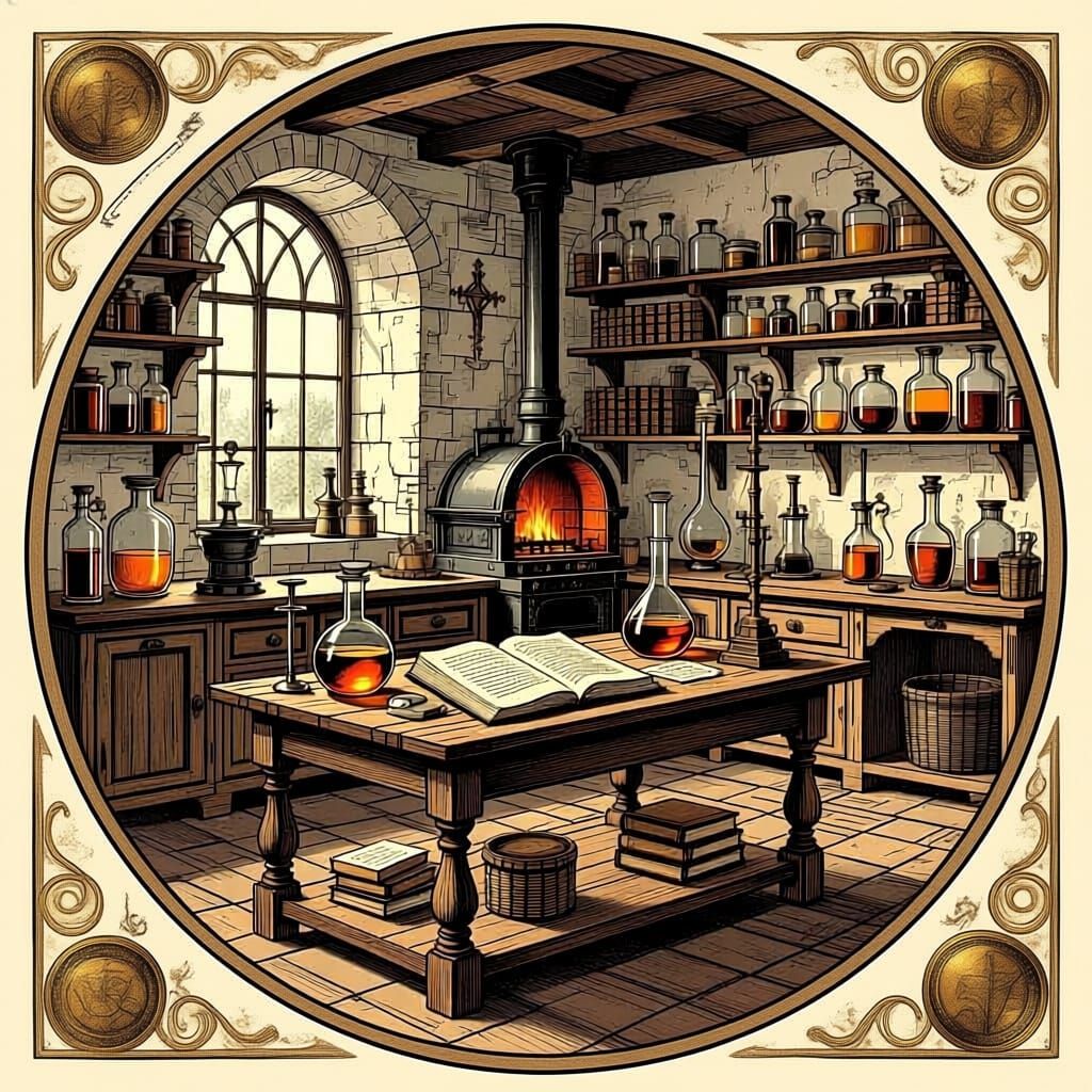 17th Century Alchemy Lab Illustration in Vintage Hand-Drawn ...
