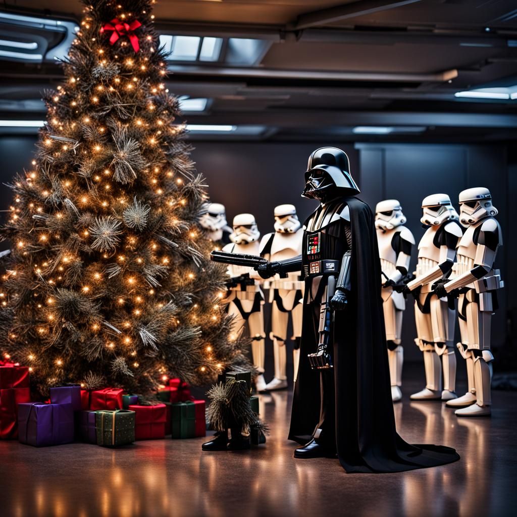 Darth Vader turns the Christmas tree lights on