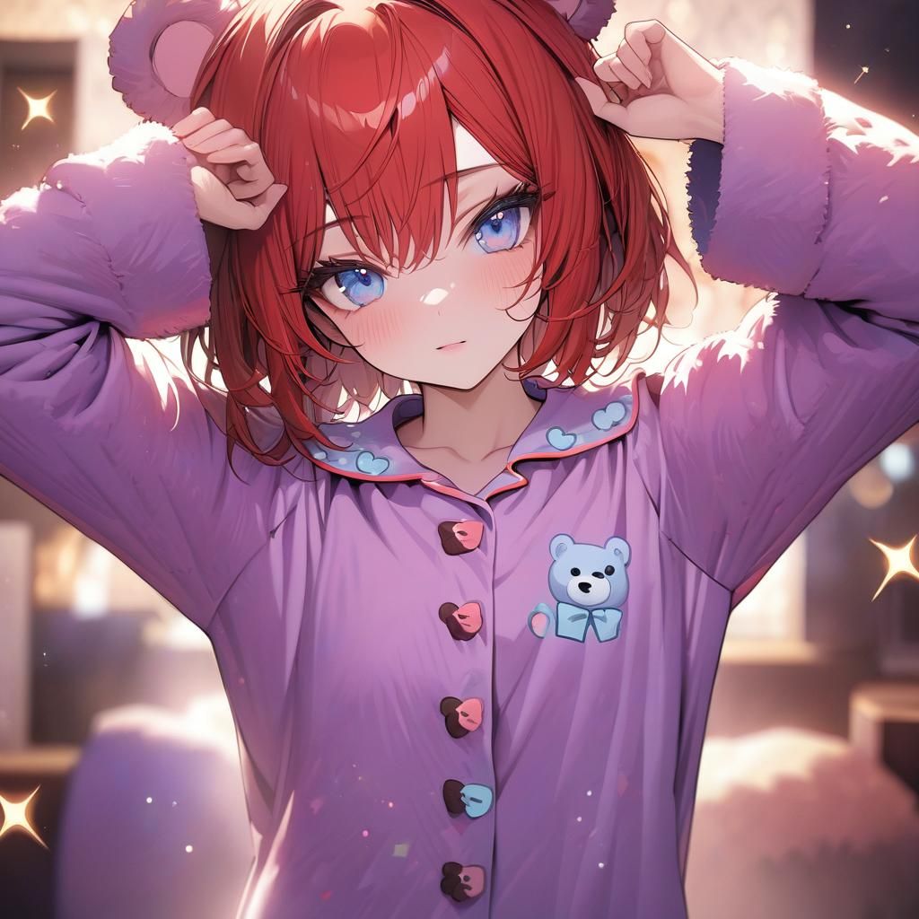 Girl with Red Hair in Bear Pajamas