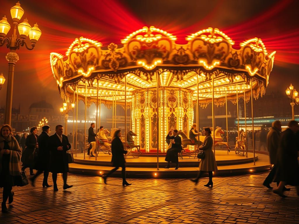 Nighttime Fairground Carousel in Warm, Volumetric Light
