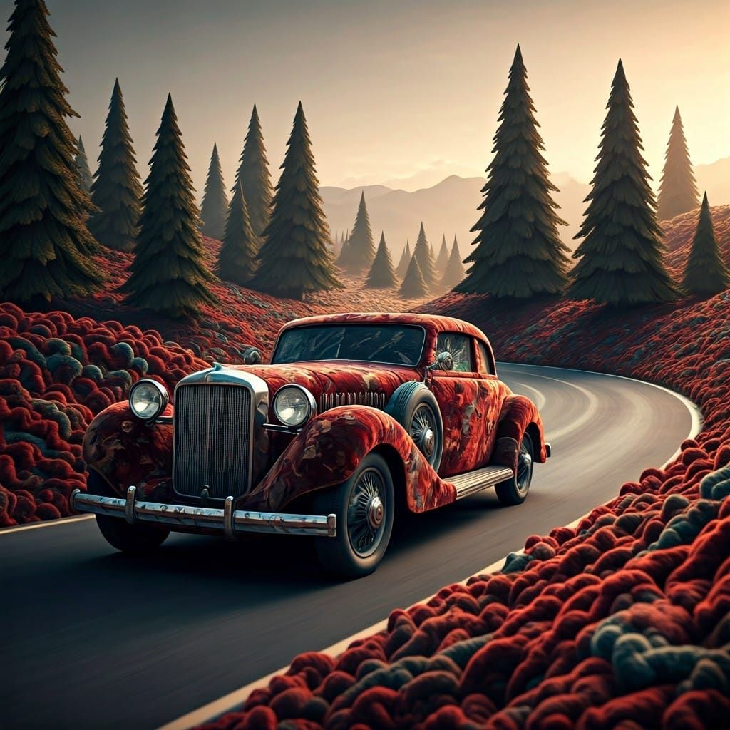 Velvet Automobile Speeds Down Iridescent Road