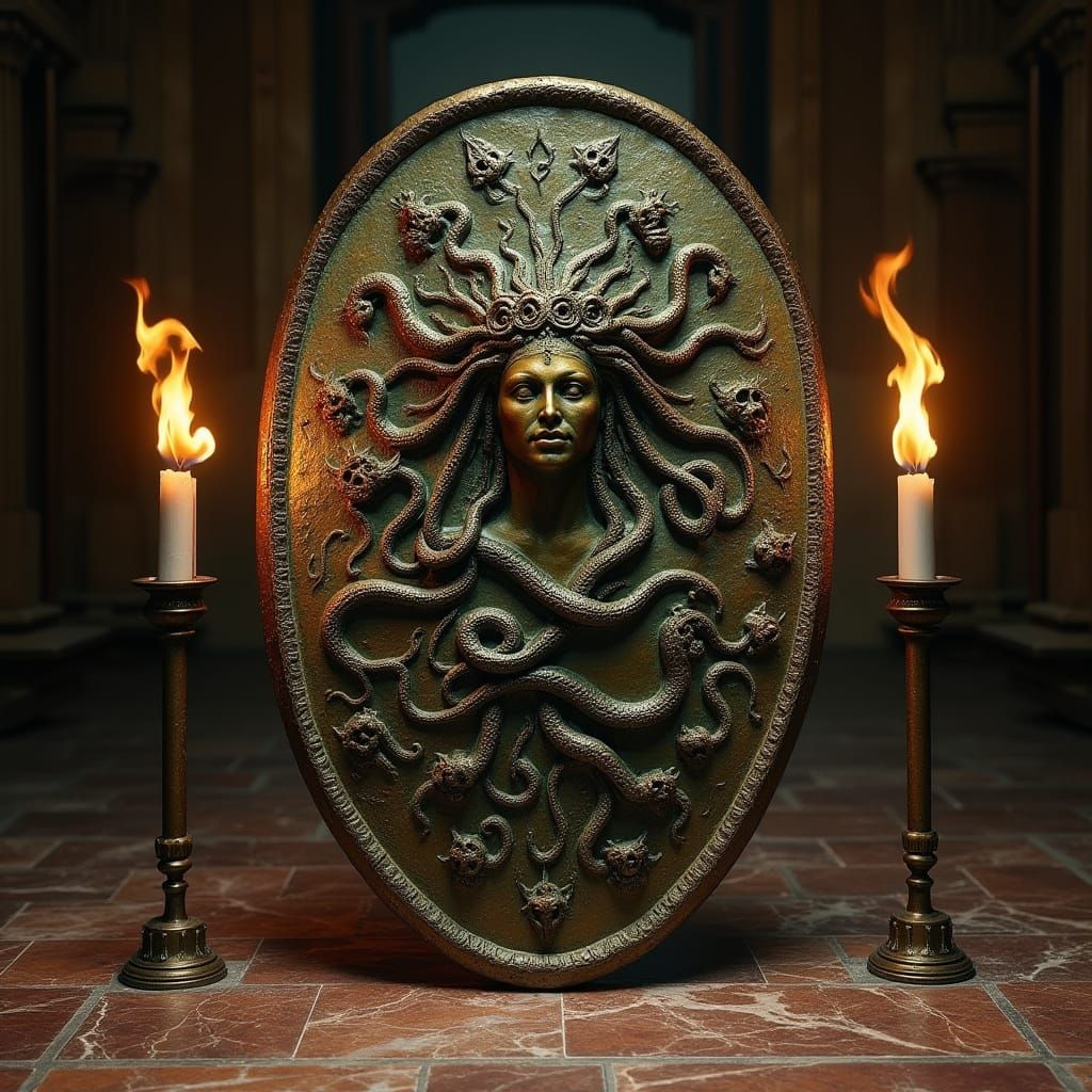 Ethereal Ancient Greek Shield Depicts Medusa in Vibrant Deta...