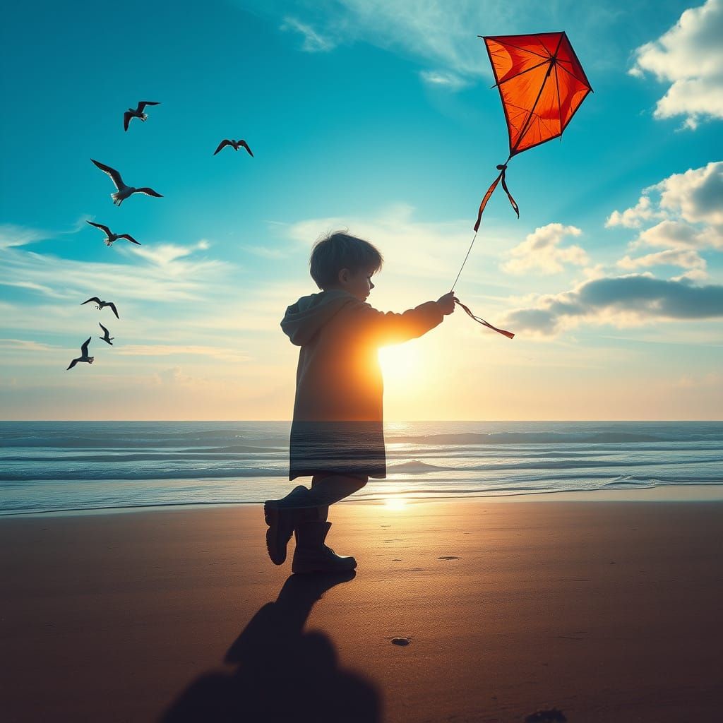 Whimsical Sunset Kite Flying Boy