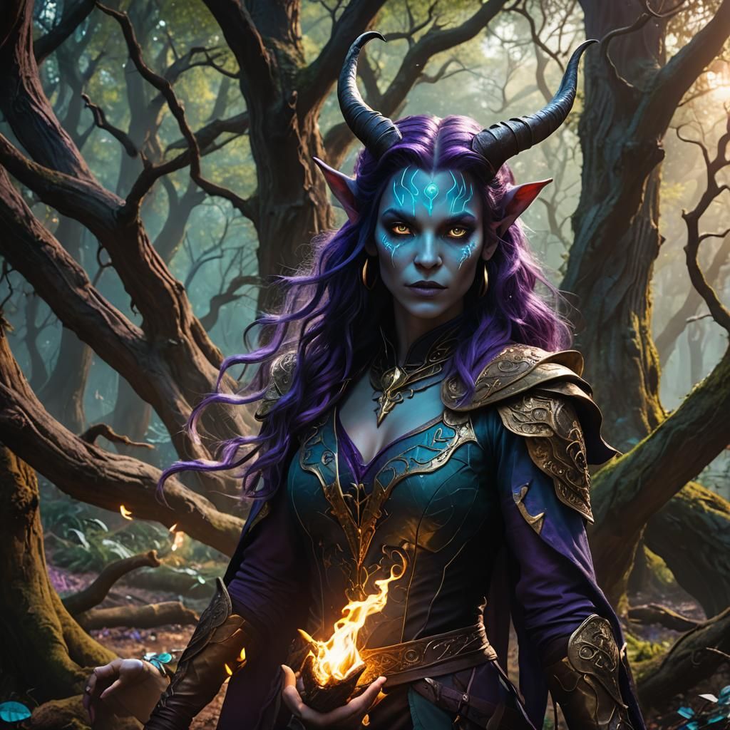 Tiefling Warlock Casting a Spell in Mystic Forest