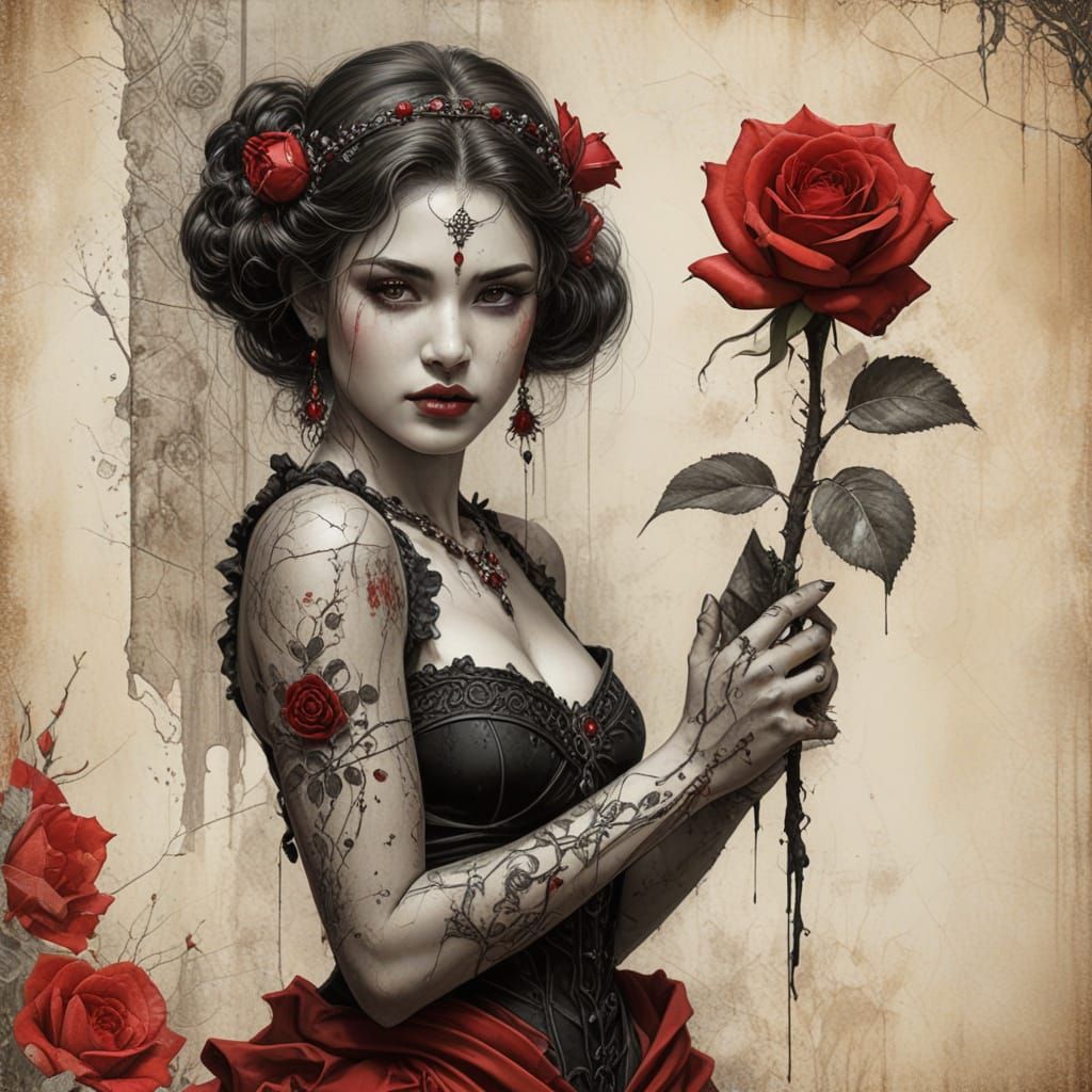 Charcoal Sketch of Woman with Rose by Jeweled Wall