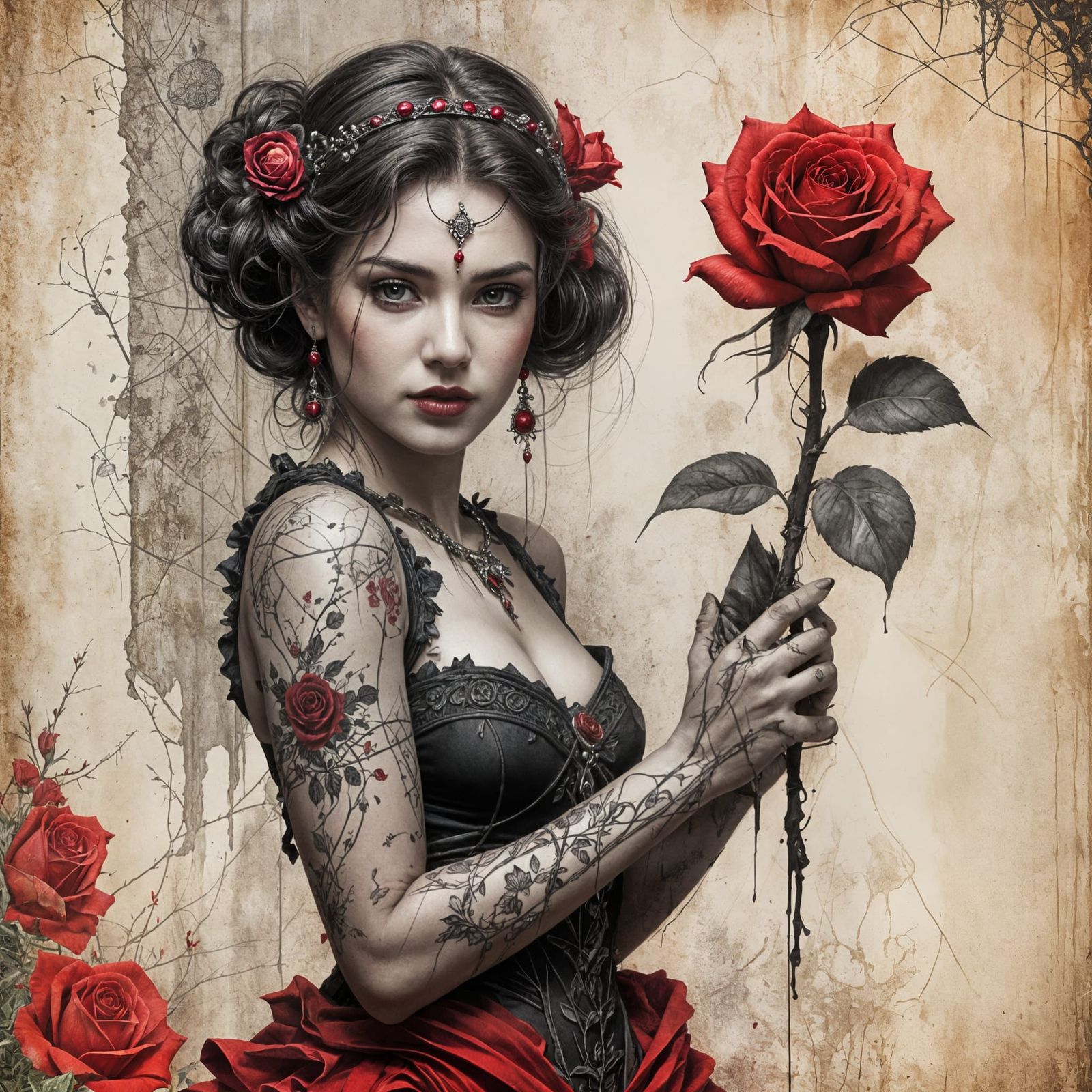 Ink and Charcoal Sketch: Woman with Rose and Jeweled Wall