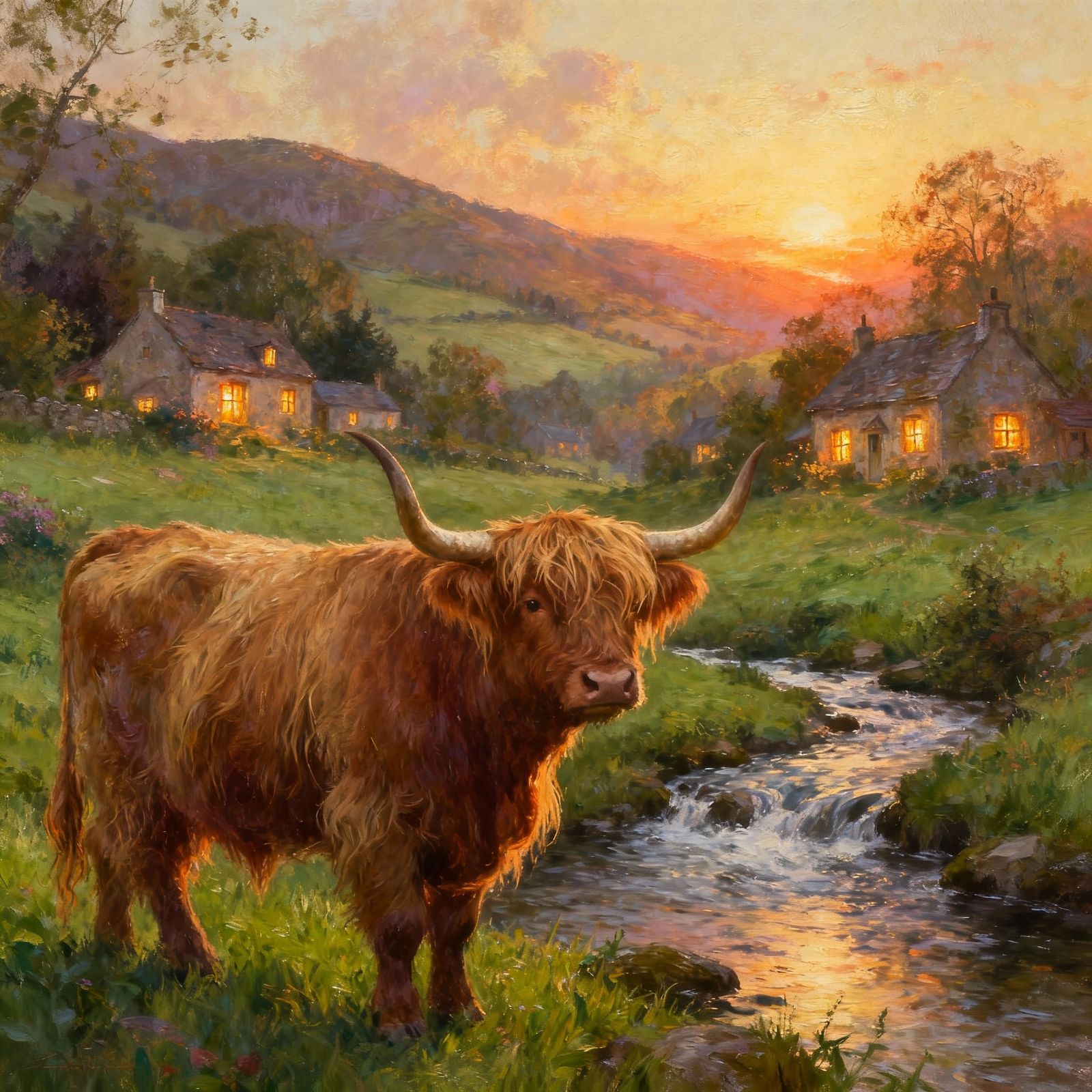 Majestic Highland Cow in Idyllic Meadow, Thomas Kinkade Styl...