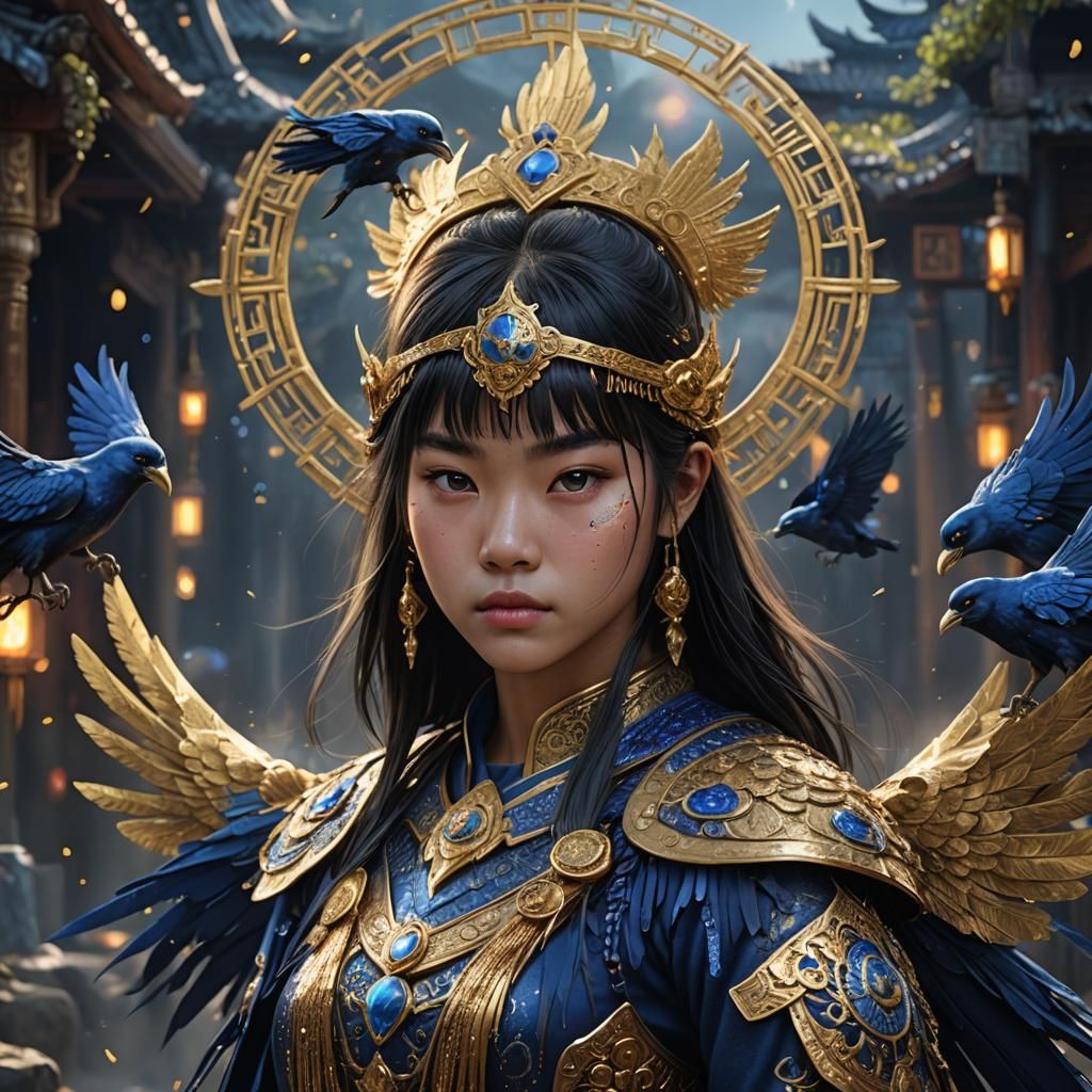 18 year old Vietnamese woman with fringe as the sparakling glittering  indigo gold raven jewel warrior