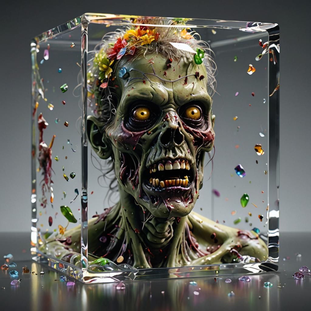 Hyperrealistic Zombie in Crystal Cube with Rainbow Highlight...