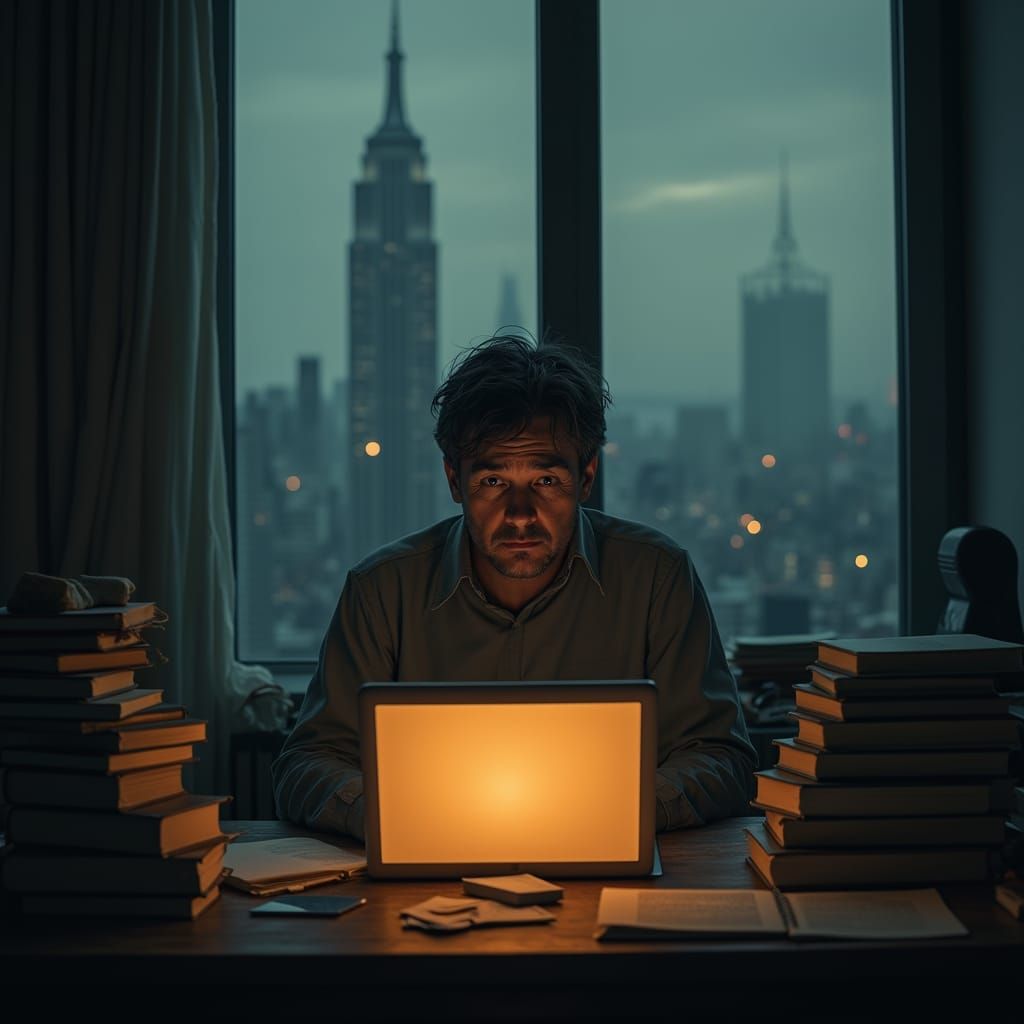Melancholic Man in Dimly Lit Room, Cinematic Style