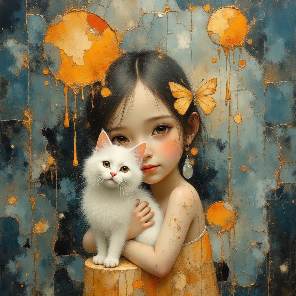 Girl and Cat in Surreal Dreamscape