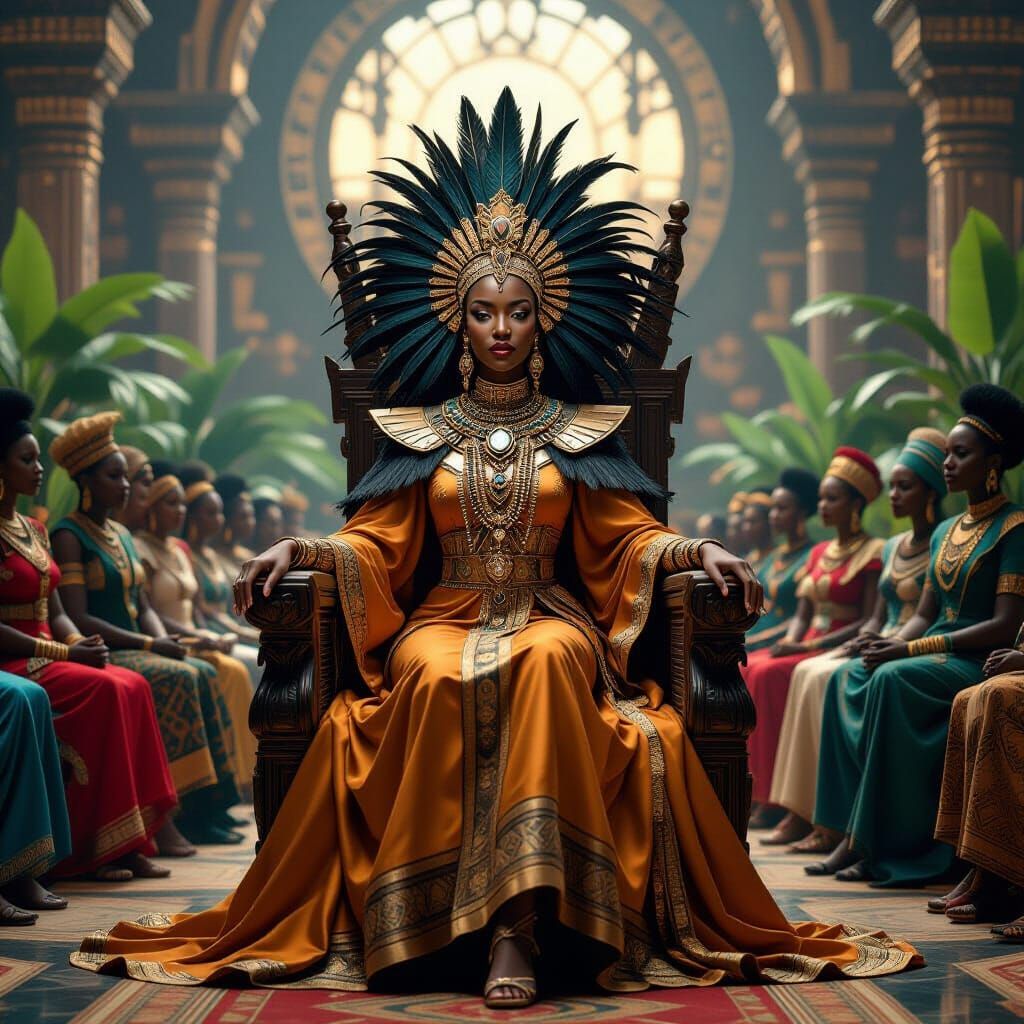 Regal African Queen in Afrofuturist Art Deco Style