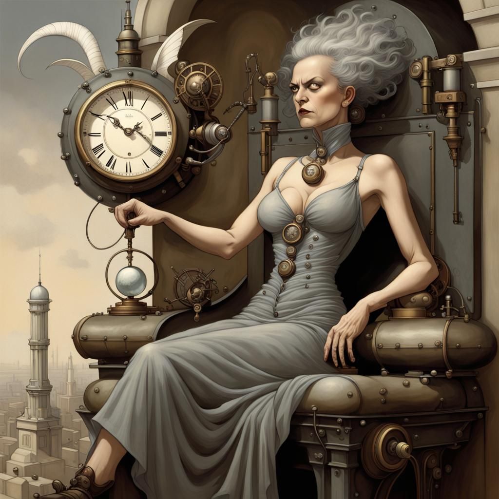 Steampunk Woman Smashes Clock in Despair