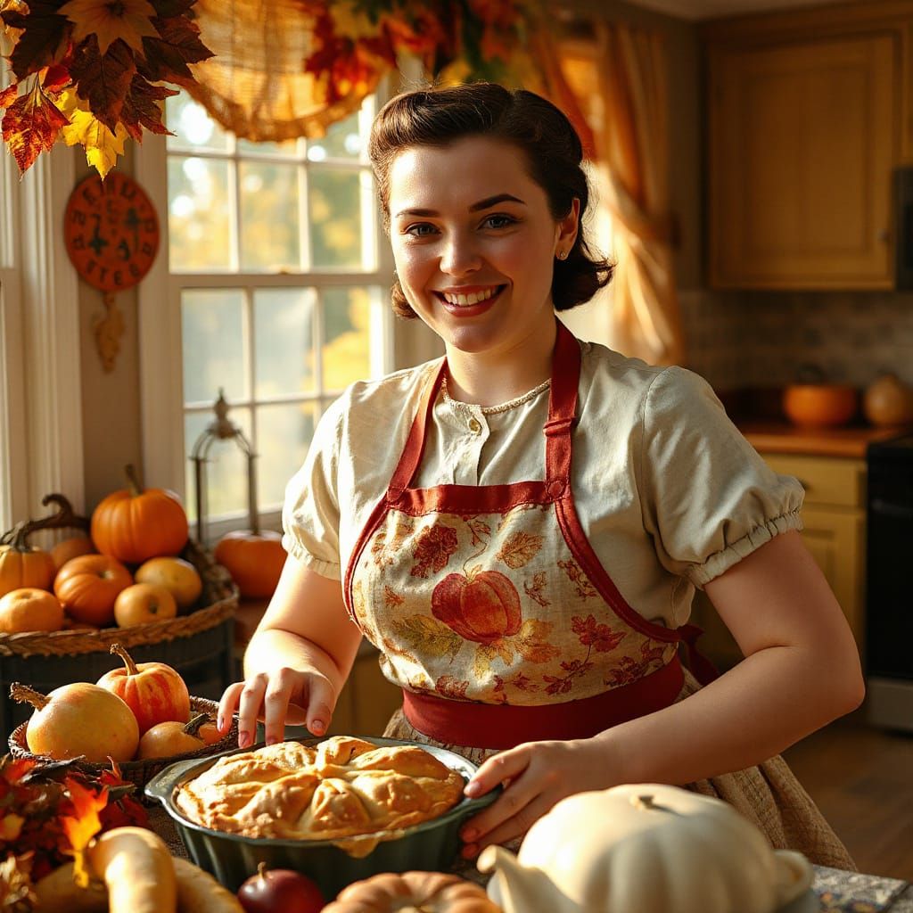 1950s Housewife Baking Apple Pie in Hyperrealistic Style