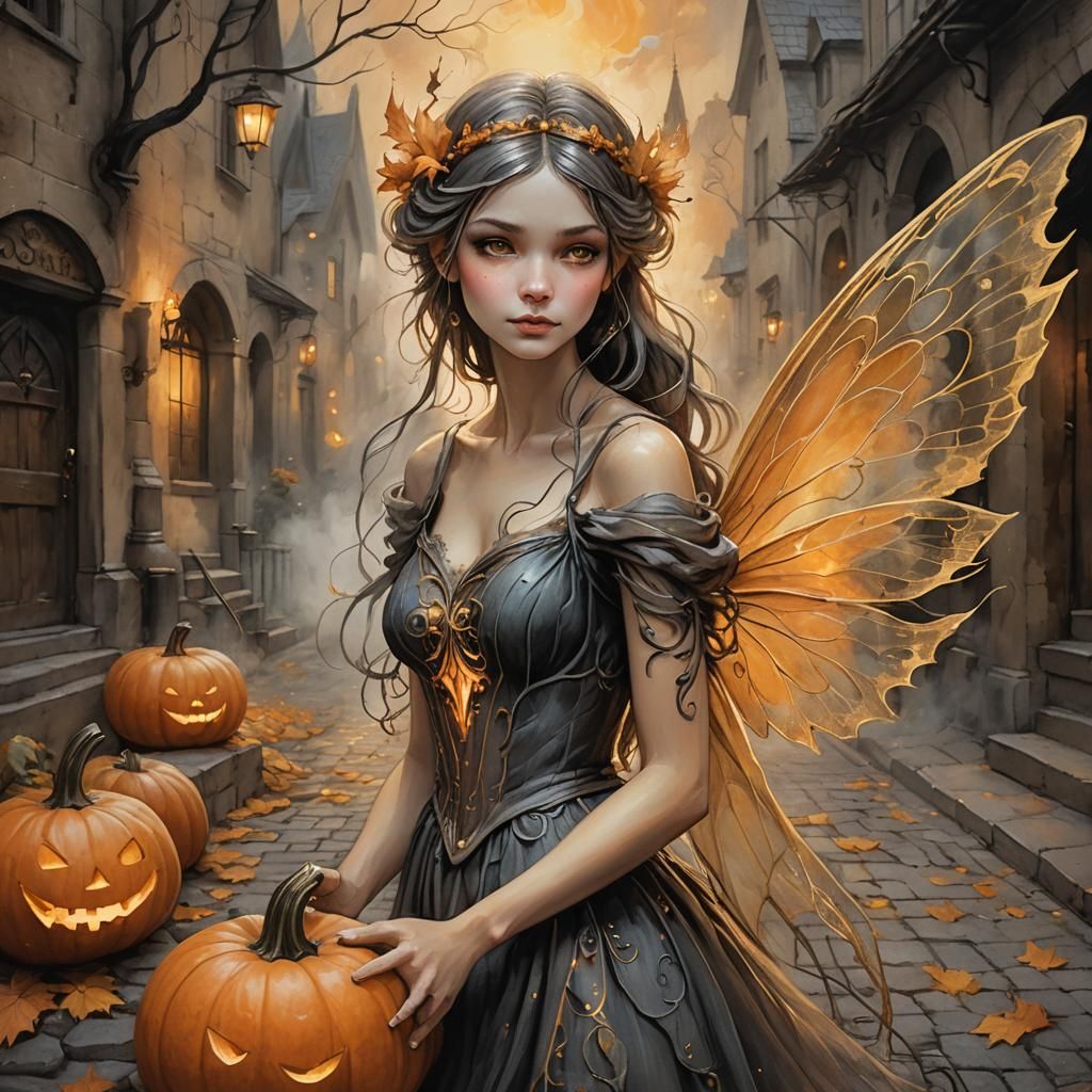 Fairy and Glowing Pumpkin in Charcoal Illustration