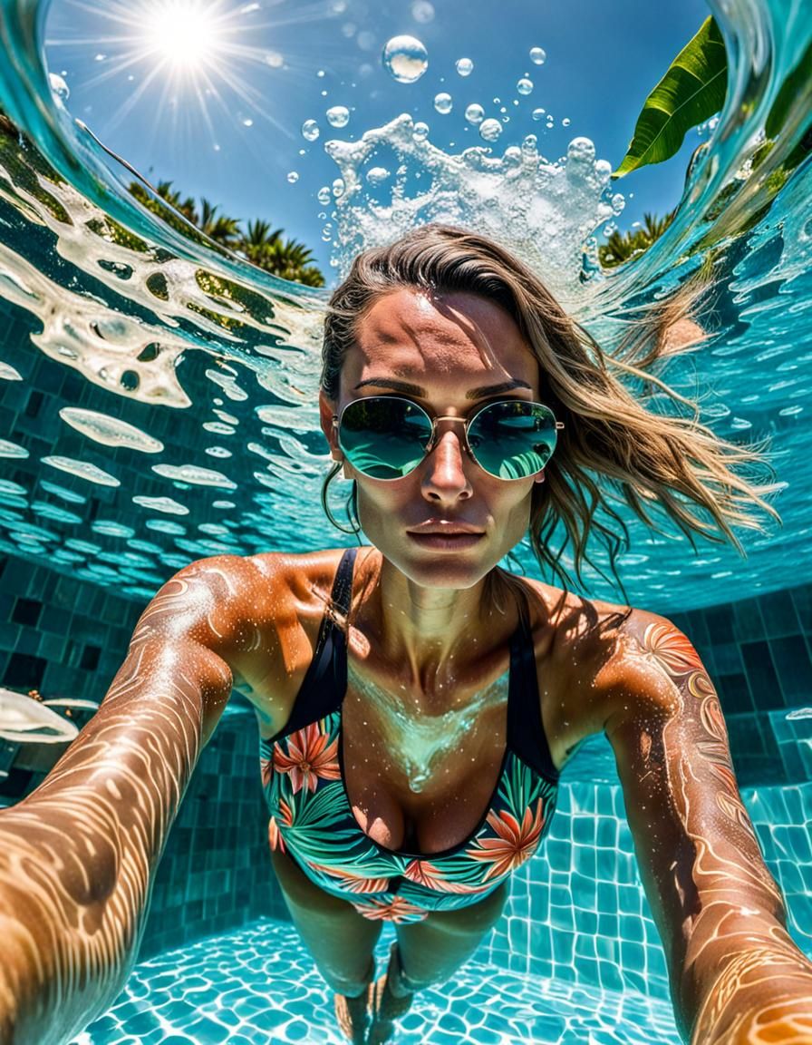 Swimsuit Selfie Reflected in Clear Pool Water