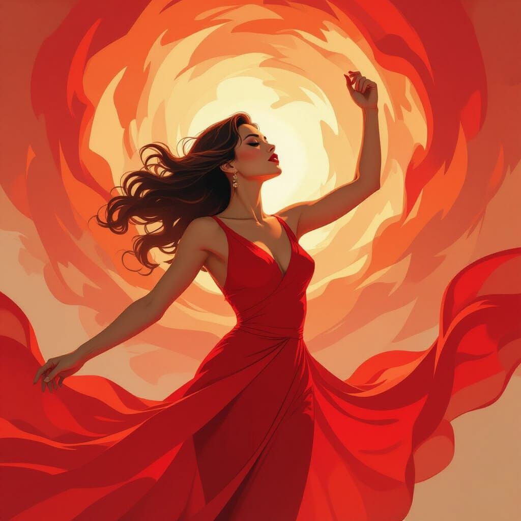 Feminine Figure in Crimson Energy Tempest