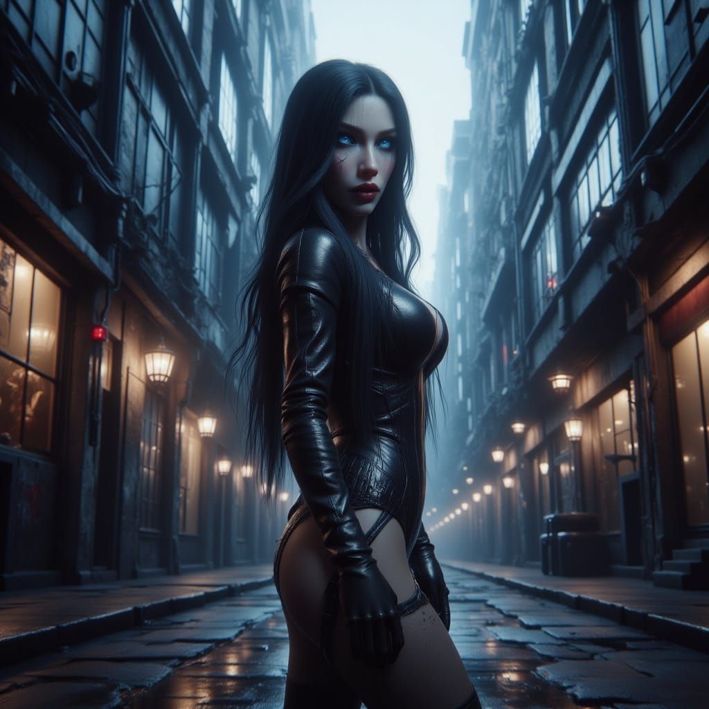 Lucy Liu in Dark Leather Outfit, Urban Backdrop, Concept Art...