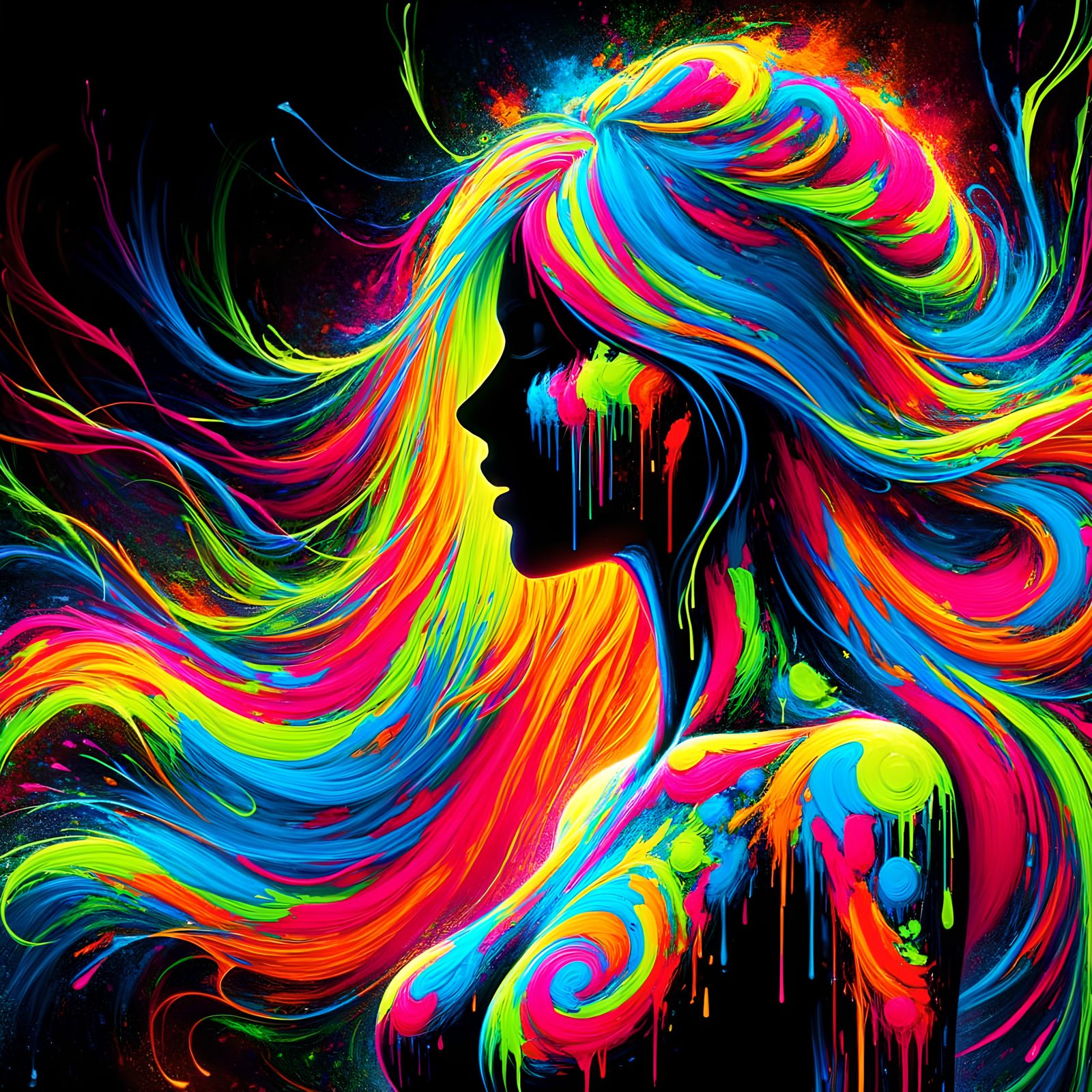 Fluorescent Neon Explosion: Colorful Female Silhouette
