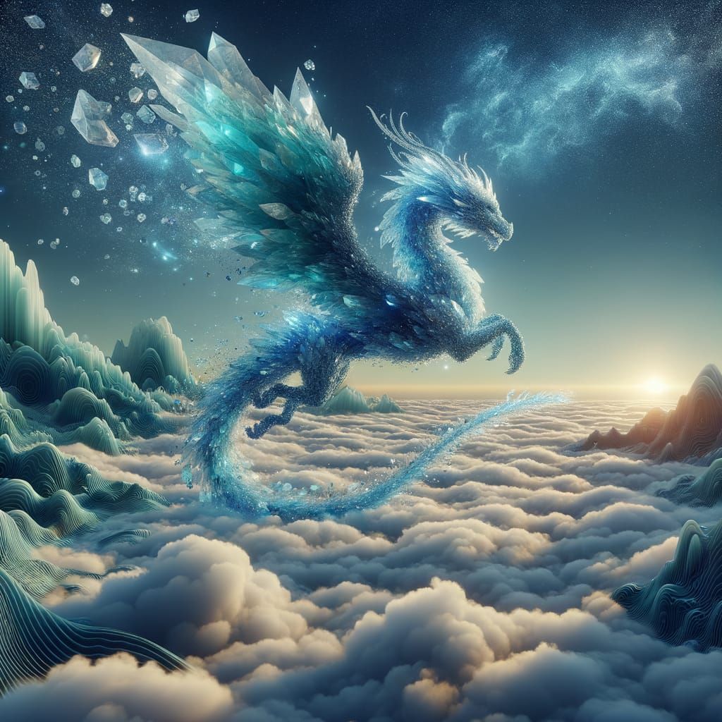 Crystalline Dragon Soaring Over Cloudscape in 3D Rendering