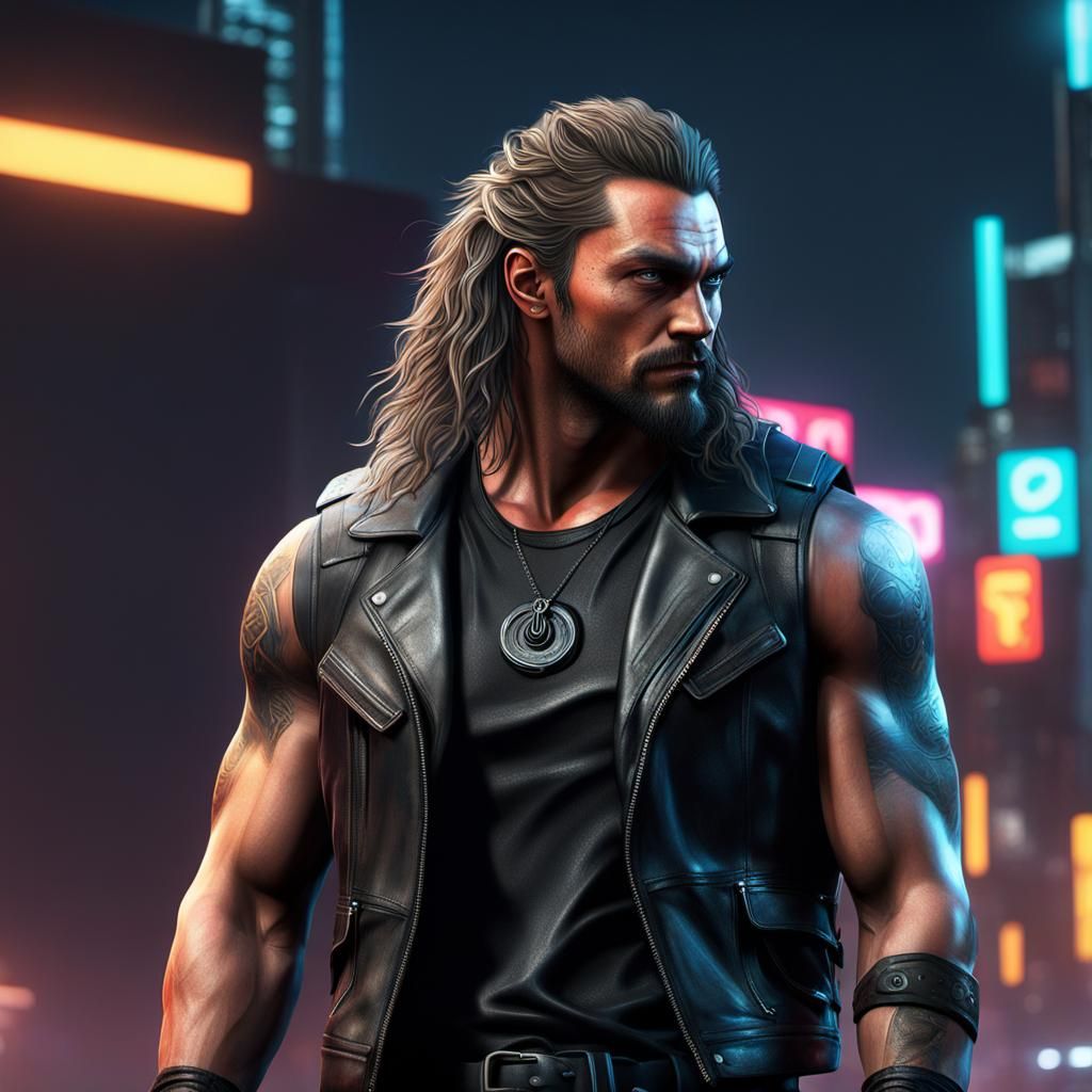 Jason Momoa Look-Alike in Cyberpunk Style