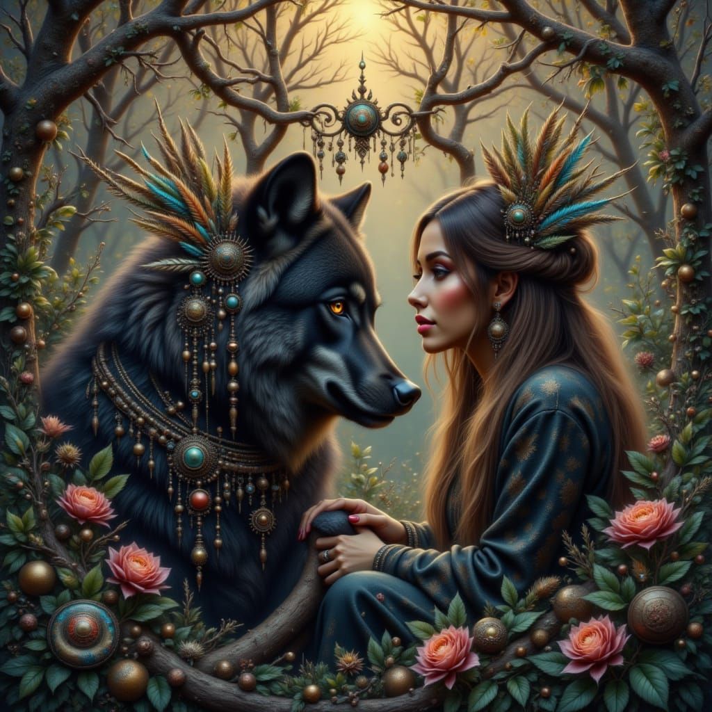 Woman and Black Wolf Reunion in Spirit World