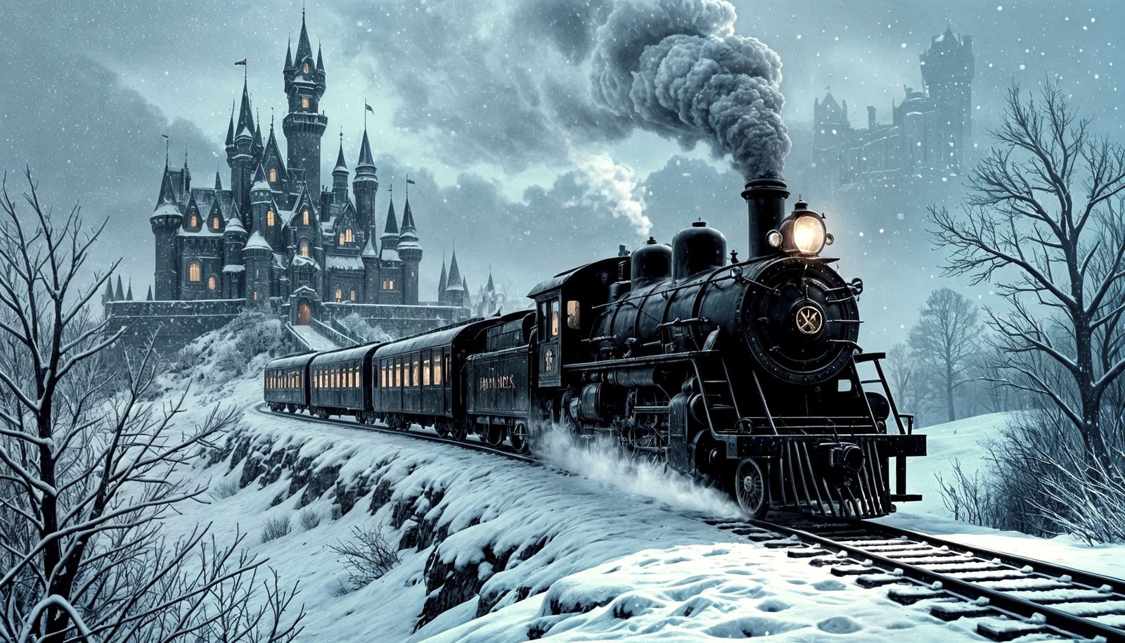 Gothic Serpent Train in Snowy Macabre Landscape