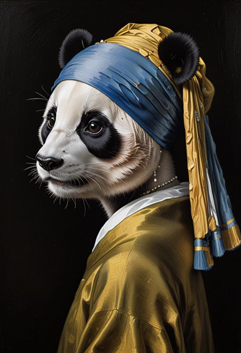 Anthropomorphic Panda in Pearl Earring Portrait