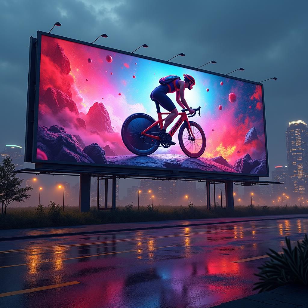 Surreal Peloton Billboard in Dreamlike Cityscape