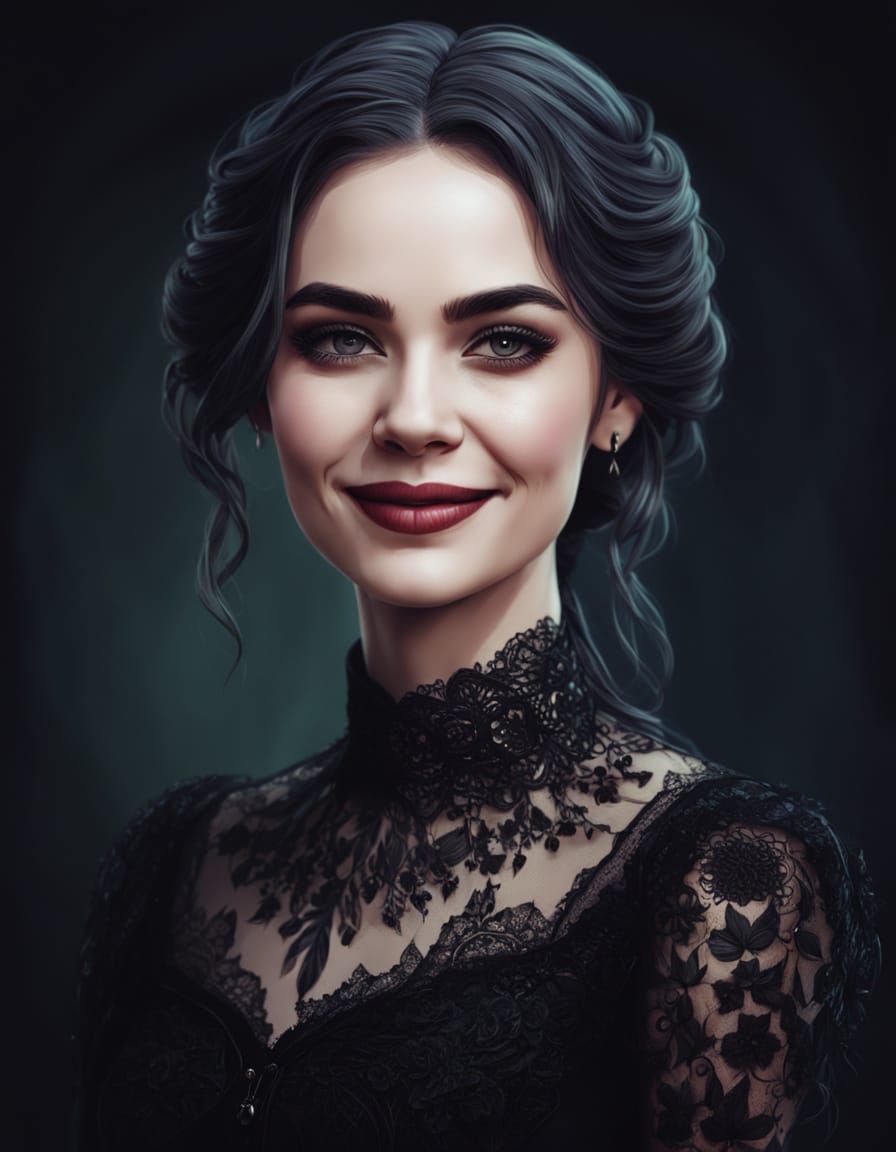 Smiling Woman in Black Dress: Gothic Portrait