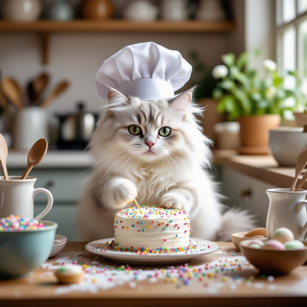 Whimsical Cat Chef Decorating Cake