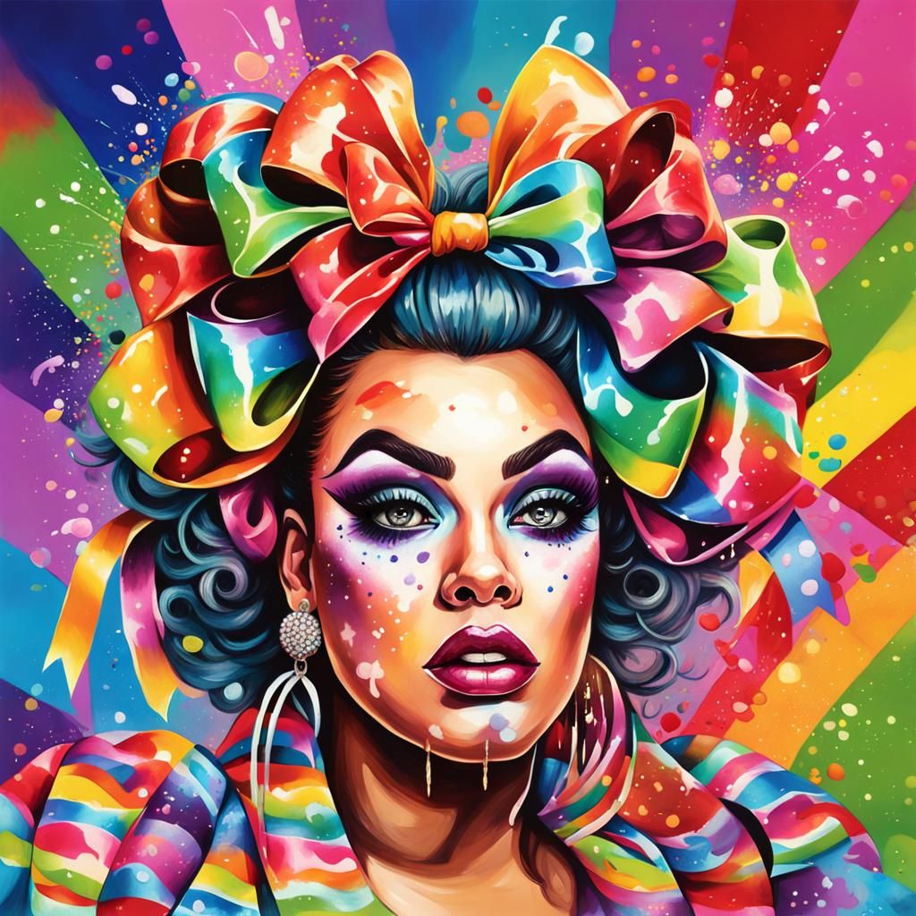 Ultra feminine drag queen silky sissy satin chiffon rainbow makeup big hair bouffant ribbons and bows girlie