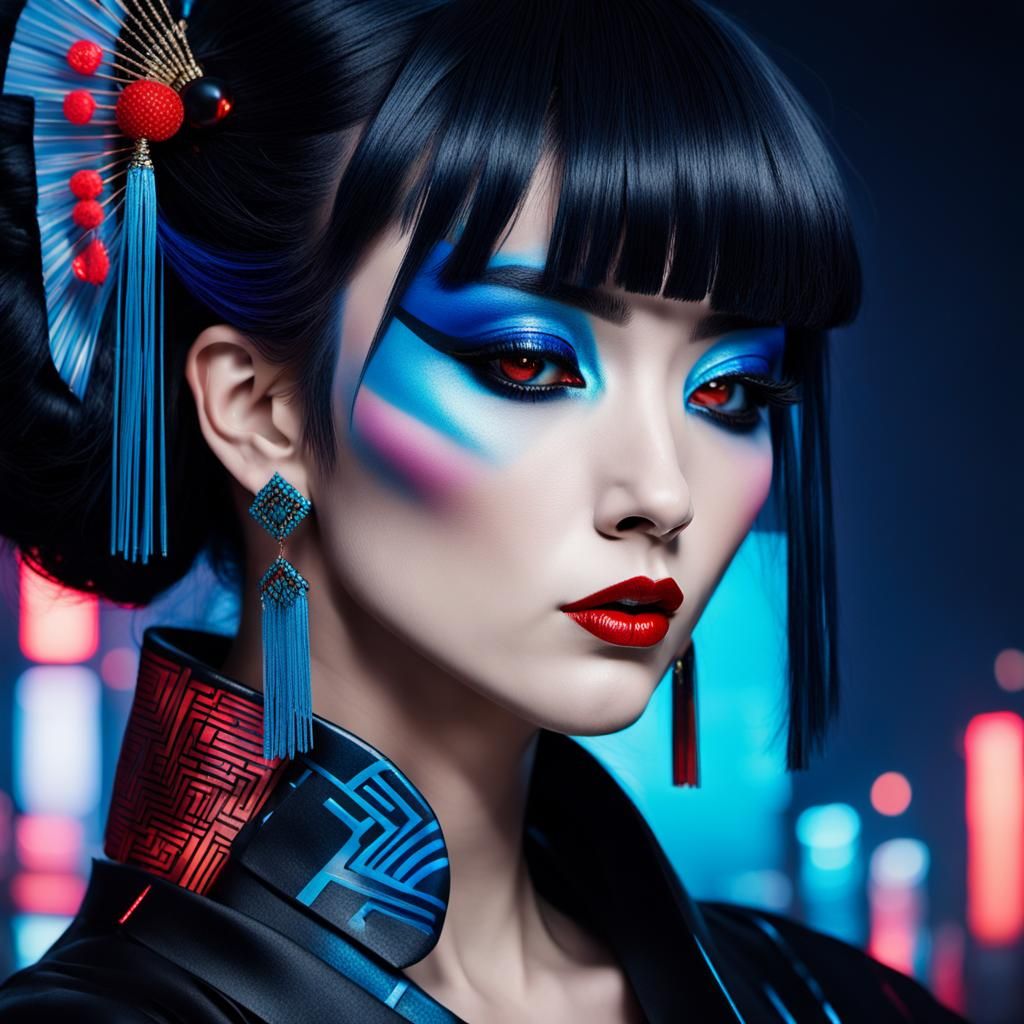 Cyberpunk Geisha Princess in Neon Cityscape