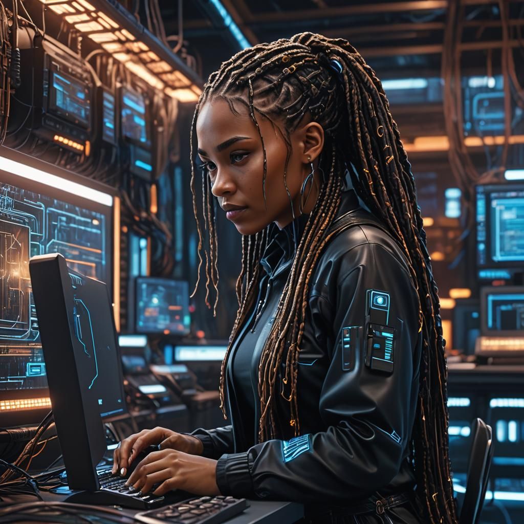Cyberpunk Girl Immersed in AI Interface: Digital Matte Paint...