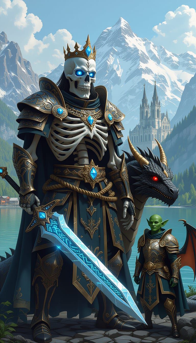 Skeleton King with Dragon in Eerie Futuristic Style