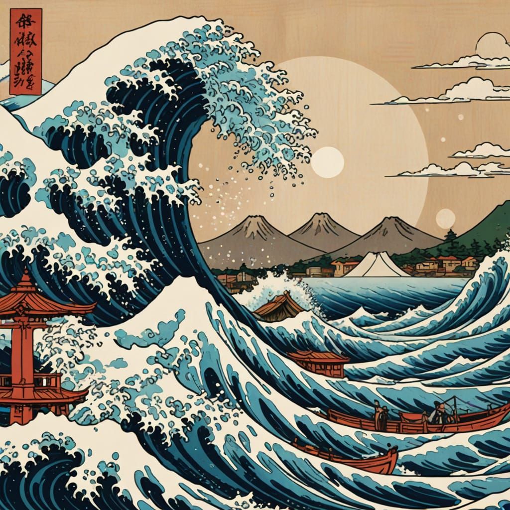Mythical Baku Surfing Ocean Waves in Ukiyo-e Style