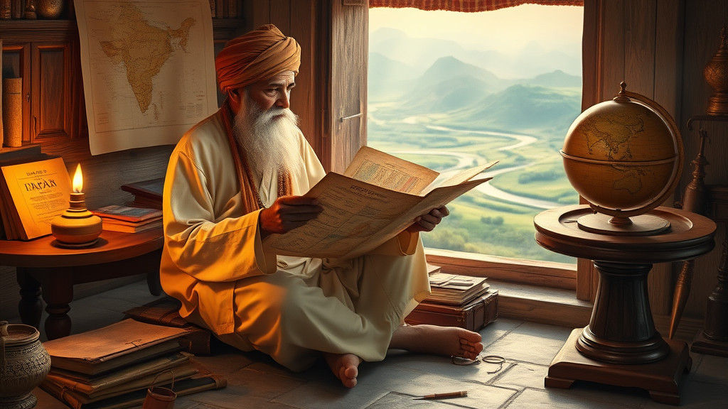 Indian Sage Contemplates Geography by Oil Lamp