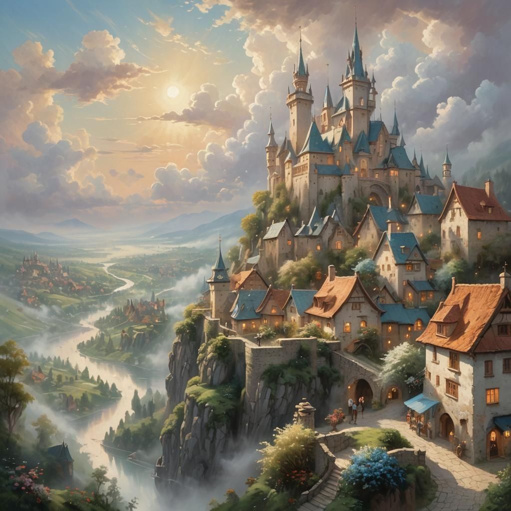 Ethereal Floating Village in a Dreamlike Landscape