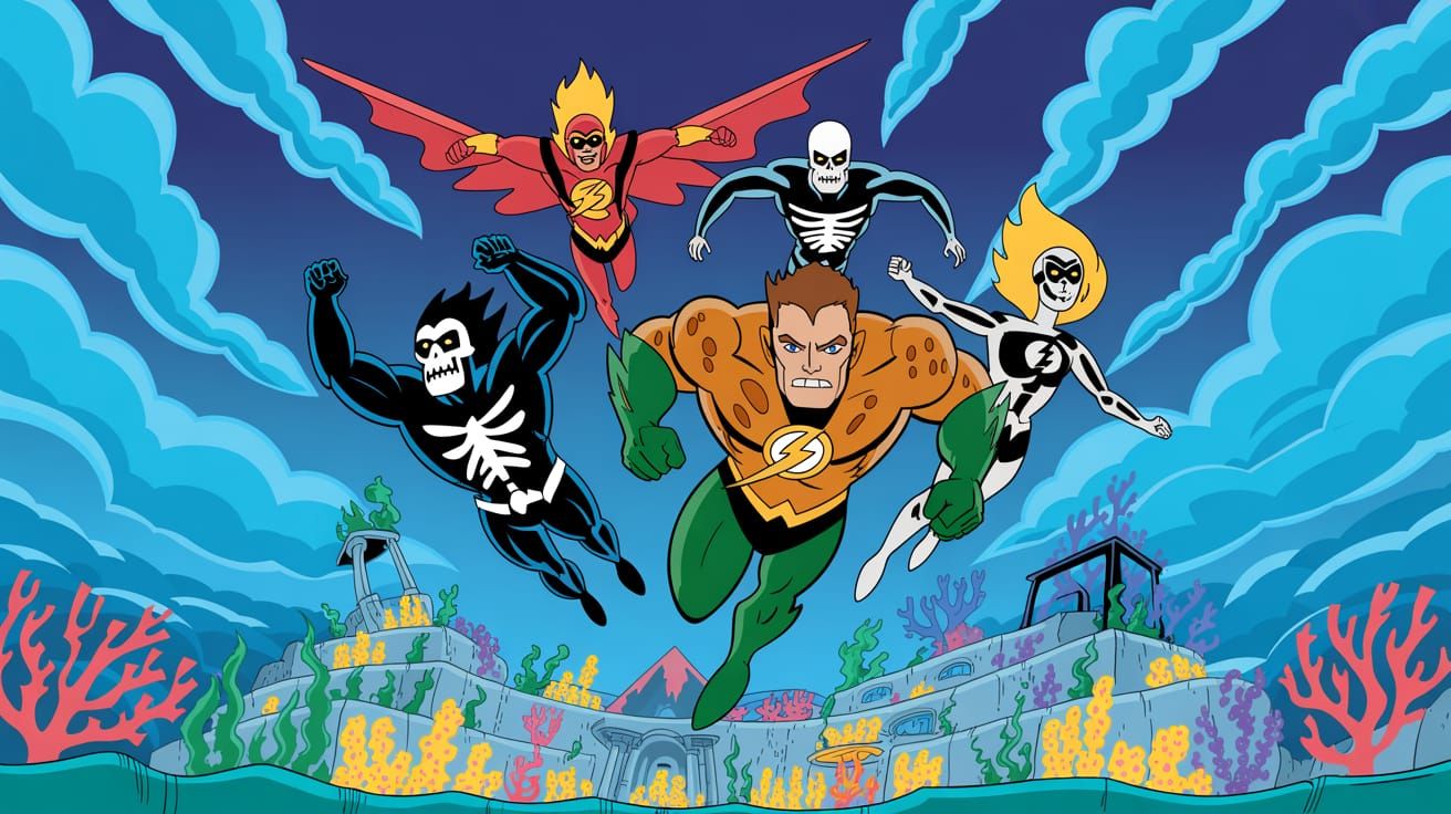 Skeleton Justice League of America over a city.
