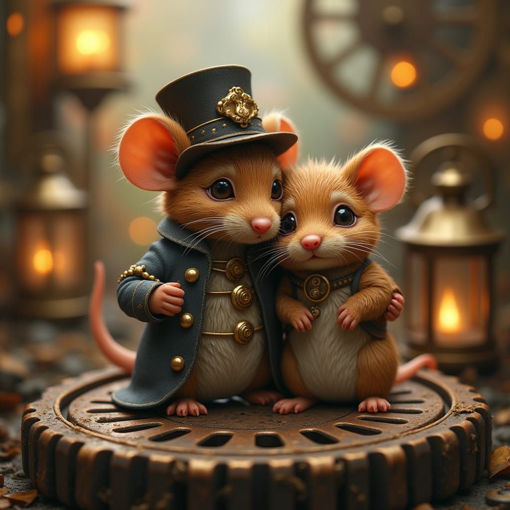 Steampunk Mouse Cuddles with Havanese Puppy in Whimsical Won...