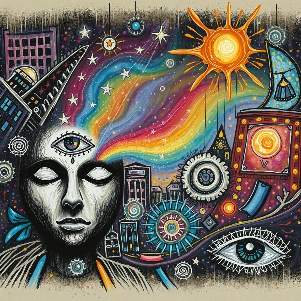 Cosmic Cityscape in Naive Crayon-Drawn Style