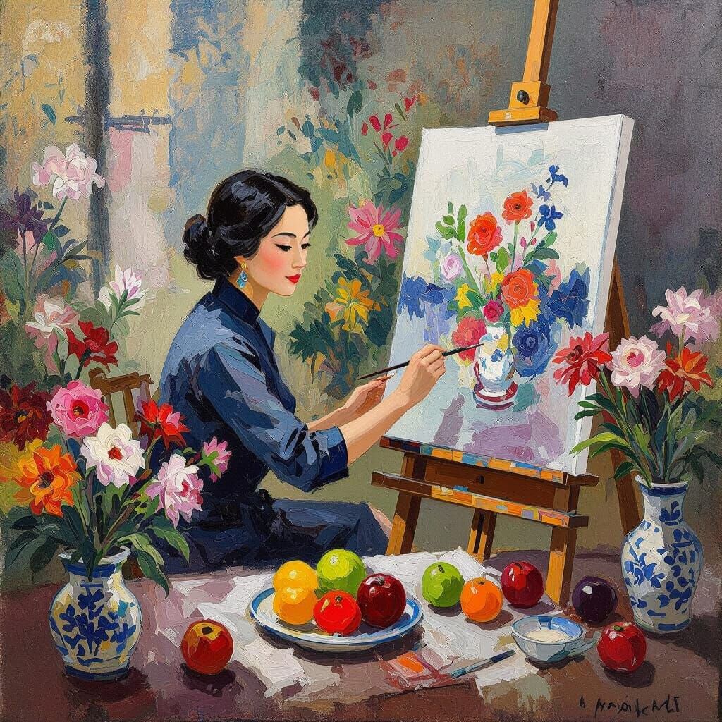 Painter Creating Still Life in Post-Impressionistic Style