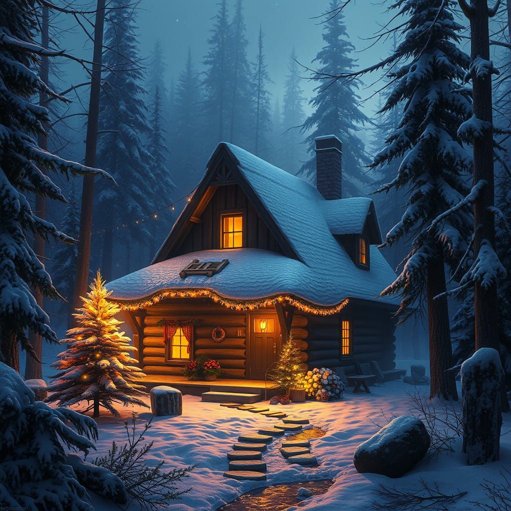 Winter Wonderland Cabin in Dark Fantasy Style