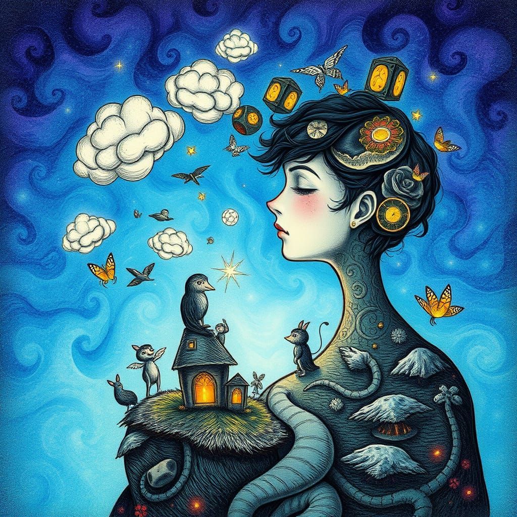 Dreamlike Inner World Illustration in Etching Style