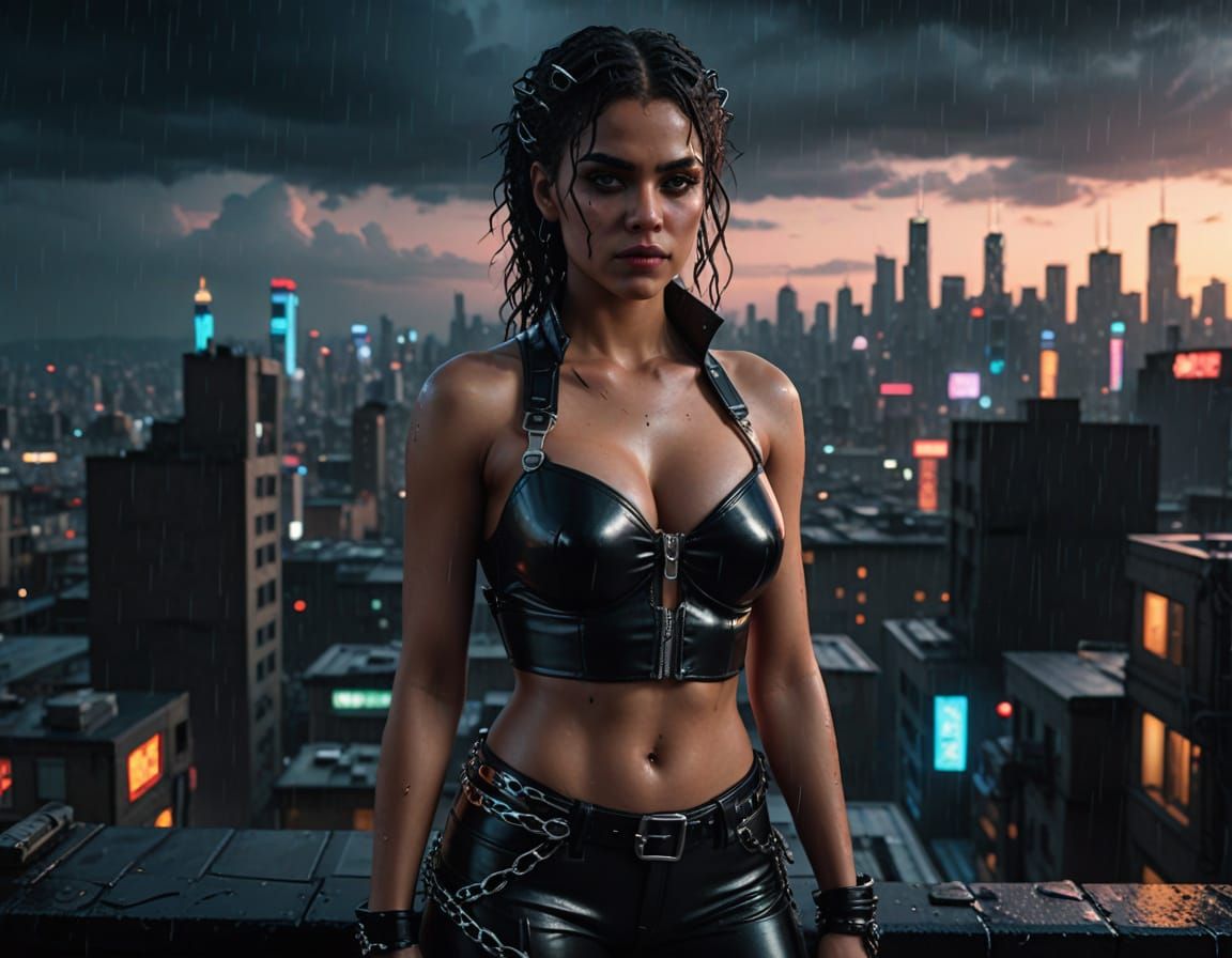 Cyberpunk Woman Overlooking Metropolis in Digital Art Style