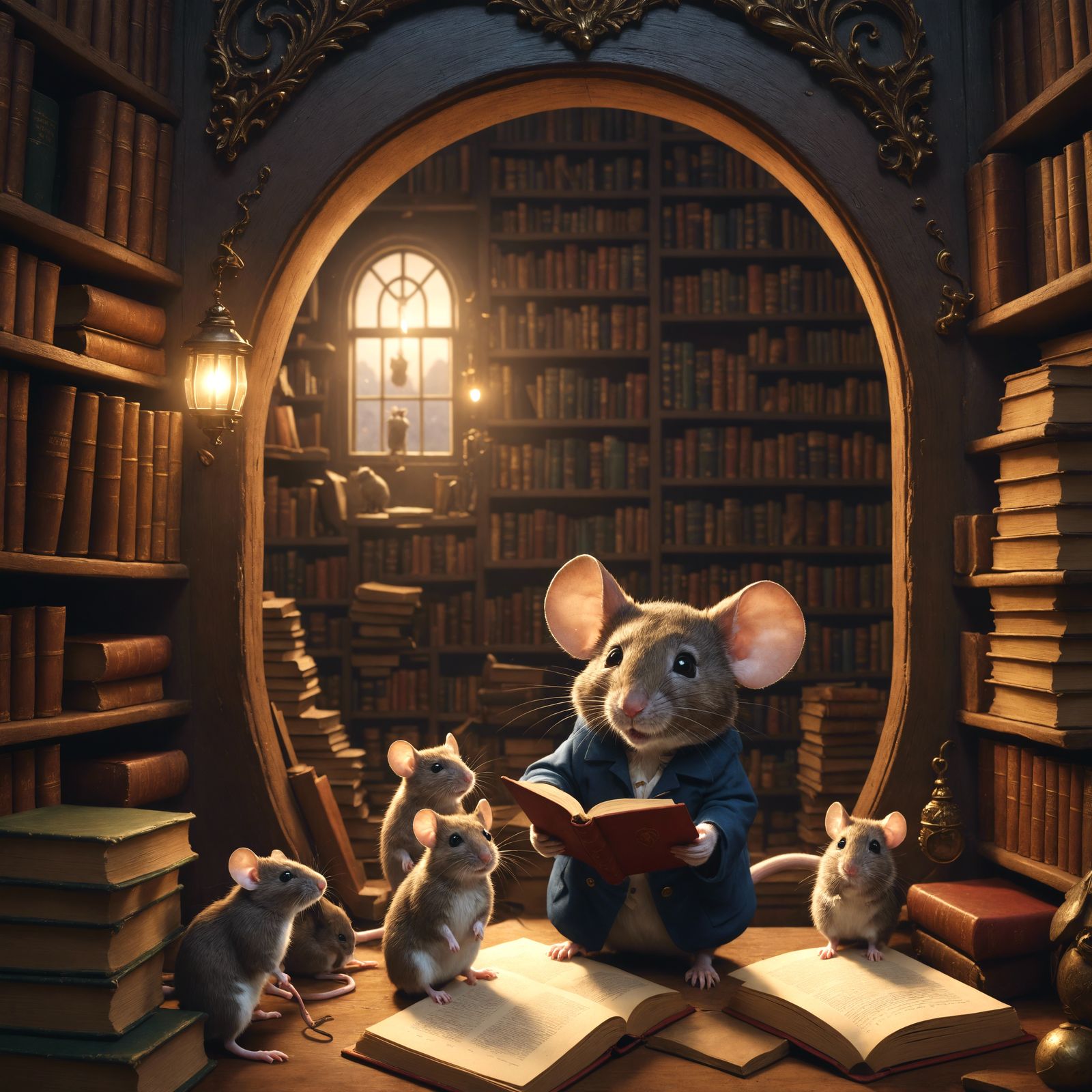Mouse Librarian Helping Children, Seen Through Mouse Hole