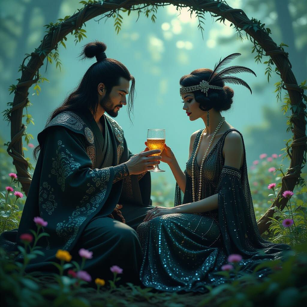 Samurai and Flapper in Fairy Ring, Photorealistic Style