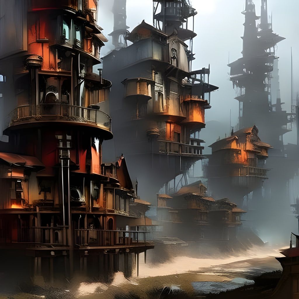 Steampunk Stacked Houses: Digital Matte Painting