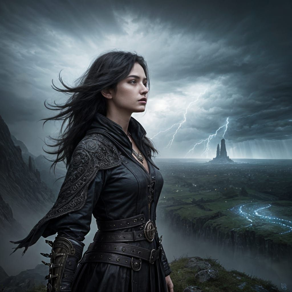 Stormy Landscape with Dark-Haired Woman: Digital Matte Paint...